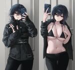  1girl absurdres bangs bara_(03_bara_) bikini black_bikini black_hair black_jacket black_pants blue_eyes blush breasts cellphone cigarette cleavage closed_mouth collarbone commentary highres holding holding_cigarette iphone jacket large_breasts long_sleeves multiple_views open_clothes open_jacket original pants parted_lips phone smartphone solo swimsuit symbol-only_commentary underboob yokoyama_ishimi 