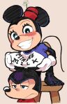  anonymous_artist anthro black_body boobs_on_head chair clothing disney duo feet female furniture hi_res looking_annoyed looking_at_viewer male male/female mammal mega_milk meme mickey_mouse minnie_mouse mouse murid murine on_chair rodent shirt smile standing_on_chair t-shirt tail topwear 