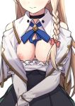  1girl atelier_(series) atelier_ryza black_choker blonde_hair blue_ribbon breasts breasts_out choker cleavage head_out_of_frame highres klaudia_valentz long_hair morisobo nipples ribbon simple_background solo white_background 