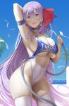  1girl :d absurdres alternate_costume arm_strap arm_up armpits bangs bb_(fate) bb_(fate/extra) blue_choker blue_sky blush breasts choker commentary_request fate/extra fate_(series) hair_ornament hair_ribbon highleg highleg_swimsuit highres holding holding_hose hose large_breasts long_hair looking_at_viewer nail_polish one-piece_swimsuit open_mouth outdoors purple_eyes purple_hair purple_nails red_ribbon ribbon sideboob skindentation sky smile solo swimsuit thighhighs thighs two-tone_swimsuit underboob uo_denim water wet white_thighhighs 