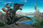  anthro ark_survival_evolved black-kitten canid canine clothed clothing detailed_background digital_media_(artwork) dinosaur dromaeosaurid duo female fur gun hair hi_res male mammal ranged_weapon reptile riding_on_back scalie theropod utahraptor weapon 
