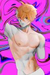  1boy abs blue_eyes genshin_impact greyscale hair_between_eyes highres huahua123569 male_focus monochrome muscular muscular_male nipples open_mouth orange_hair short_hair tartaglia_(genshin_impact) topless_male 