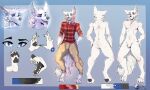  anthro arctic_fox black_nose black_pawpads black_tongue blue_eyes bottomwear canid canine cargo_pants clothing digital_media_(artwork) eyebrows fox fur hand_on_hip handpaw male mammal model_sheet nude pants pattern_clothing pattern_shirt pattern_topwear pawpads paws plaid plaid_clothing plaid_shirt plaid_topwear shine_ali shirt simple_background solo tongue tongue_out topwear velric_olrand watermark white_body white_fur 