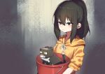  1girl bangs black_cat black_hair blush bucket cat cat_(minecraft) closed_mouth english_commentary green_eyes hair_between_eyes highres holding holding_bucket hood hoodie hoplitx long_hair minecraft orange_hoodie original ponytail simple_background upper_body 