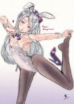  absurdres animal_ears breasts character_name dated detached_collar finger_to_mouth goushougun-sensei grey_hair highres kantai_collection long_hair pantyhose playboy_bunny purple_eyes rabbit_ears rabbit_tail sagiri_(kancolle) shoes shoes_removed small_breasts tail wrist_cuffs 