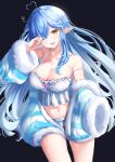  1girl absurdres ahoge blue_hair blue_nails breasts camisole cleavage elf frills heart heart-shaped_pupils heart_ahoge highres hololive jacket large_breasts long_hair midriff navel one_eye_closed open_clothes open_jacket open_mouth pointy_ears rubbing_eyes solo symbol-shaped_pupils transparent_background very_long_hair virtual_youtuber votato white_camisole yellow_eyes yukihana_lamy 