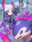  1girl akari_(pokemon) arm_warmers blue_dress blue_eyes closed_mouth dress fangs fire hands_up hat highres hisuian_typhlosion inana_umi japanese_clothes long_hair long_sleeves obi obijime open_mouth pillar pokemon pokemon_(game) pokemon_legends:_arceus purple_fire red_eyes red_scarf sash scarf white_headwear wind 
