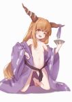 1girl absurdres alternate_costume bangs barefoot blur_censor blush brown_eyes brown_horns censored commentary_request cup drunk fang full_body highres holding holding_cup horn_ornament horn_ribbon horns ibuki_suika japanese_clothes kimono light_brown_hair long_hair looking_at_viewer naked_kimono navel nipples off_shoulder open_mouth purple_kimono purple_ribbon pussy rangque_(user_vjjs4748) ribbon sakazuki sidelocks simple_background smile solo toes touhou undressing very_long_hair white_background 