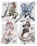  4girls axe battle_axe black_eyes black_footwear black_thighhighs blue_eyes blue_footwear blue_hair blue_jacket blue_skirt blue_tail brown_dress brown_hair brown_tail closed_mouth collared_jacket cross-laced_footwear dinosaur_girl dinosaur_tail dress english_commentary full_body green_jacket green_shirt green_tail grey_background grey_socks gun hand_up harpoon_gun holding holding_axe holding_gun holding_scythe holding_weapon hood hooded_jacket jacket lizard_tail long_hair looking_at_viewer looking_back multiple_girls open_mouth original personification pink_footwear pink_jacket ponytail red_hair scythe shirt shoes short_hair shorts simple_background skirt sneakers socks spines tail theamazingspino thighhighs wavy_hair weapon 