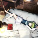  1girl absurdres arms_up barefoot bed bed_sheet bedroom blue_eyes blurry book chair closet depth_of_field dress fire_emblem fire_emblem:_the_blazing_blade green_hair highres indoors legs long_sleeves lying nino_(fire_emblem) on_back on_bed one_eye_closed pillow short_hair solo stretching toes watarino white_dress 