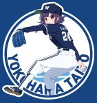  1girl alternate_costume baseball baseball_cap baseball_mitt baseball_uniform hat kantai_collection purple_hair red_eyes short_twintails sportswear taigei_(kancolle) twintails yokohama_dena_baystars 