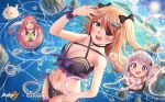  3girls beach bikini blonde_hair breasts character_request coconut dodoco_(genshin_impact) eyepatch fischl_(genshin_impact) genshin_impact green_eyes hair_between_eyes hair_ornament halo honkai_(series) honkai_impact_3rd innertube large_breasts long_hair midriff multiple_girls navel ocean open_mouth paimon_(genshin_impact) panyo pink_hair smile stomach swimsuit two_side_up v white_hair wristband 