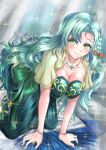  1girl absurdres aqua_hair bangs blush bow braid breasts chloe_(fire_emblem) cleavage dress fire_emblem fire_emblem_engage green_dress green_eyes hair_bow highres jewelry kneeling large_breasts light_rays long_hair looking_at_viewer migurunoe necklace side_braid skin_tight smile solo sparkle very_long_hair 