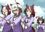  +_+ 4girls :/ =_= absurdres ahoge animal_ears black_hair blue_eyes bocchi_the_rock! bow bowtie braid brown_hair cheval_grand_(umamusume) clenched_hands drooling eating fishing_rod food_in_mouth gotou_hitori hat highres holding holding_fishing_rod horse_ears horse_girl horse_tail horseshoe_ornament kitasan_black_(umamusume) long_hair long_sleeves mouth_drool multicolored_hair multiple_girls peaked_cap petoka pleated_skirt ponytail purple_serafuku purple_shirt purple_skirt red_eyes sailor_collar sailor_shirt school_uniform serafuku shirt short_hair skirt special_week_(umamusume) streaked_hair tail tokai_teio_(umamusume) tracen_school_uniform trembling two-tone_hair umamusume white_bow white_bowtie white_hair white_headwear 