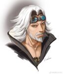  1boy absurdres anjingkuxiao bara beard character_request cropped_torso facial_hair goggles goggles_on_head highres male_focus mature_male medium_hair muscular muscular_male pectoral_cleavage pectorals smile solo white_hair 