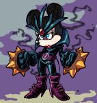  anonymous_artist anthro belt_buckle black_body blue_eyes boots brass_knuckles clothing disney female footwear headgear headwear latex_clothing lipstick makeup mammal melee_weapon minnie_mouse mouse murid murine rodent smoke solo weapon 