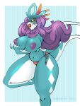  2_tails ancient_pokemon anthro big_breasts bikini bikini_bottom bimbo_lip bimbofication bimbofied blue_body breasts claws clothed clothing female generation_9_pokemon hair hi_res lips long_hair multi_tail neck_tuft nintendo nipples paperpuss paradox_pokemon pokemon pokemon_(species) purple_hair red_eyes solo swimwear tail thick_lips thick_thighs topless topless_anthro topless_female tuft walking_wake yellow_sclera 