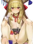  1girl bangs bar_censor barefoot belt black_belt blonde_hair blush bow breasts censored chain clip_studio_paint_(medium) commentary_request cube foot_out_of_frame grin hair_bow horn_ornament horn_ribbon horns ibuki_suika long_hair looking_at_viewer neckerchief nipples nude piyodesu purple_ribbon pussy pyramid_(structure) red_bow red_eyes red_neckerchief ribbon simple_background small_breasts smile soles solo toes touhou very_long_hair white_background wrist_cuffs 