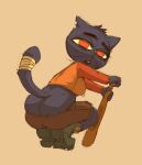  anthro baseball_bat bat_(object) big_butt blue_body boots bottomwear breasts butt clothing crouching domestic_cat felid feline felis female footwear half-closed_eyes looking_at_viewer looking_back mae_borowski mammal narrowed_eyes night_in_the_woods notched_ear open_mouth pants red_eyes shirt sixsidesofmyhead solo topwear whiskers 