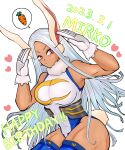  1girl absurdres animal_ears armpits arms_up bangs bare_shoulders blue_thighhighs blush boku_no_hero_academia breasts carrot character_name covered_abs crescent_print dark-skinned_female dark_skin dated fur_collar gloves happy_birthday heart highleg highleg_leotard highres large_breasts larmemaru_e leotard long_eyelashes long_hair looking_at_viewer mirko muscular muscular_female parted_bangs rabbit_ears rabbit_girl rabbit_pose rabbit_tail red_eyes sleeveless_turtleneck_leotard solo speech_bubble tail taut_leotard thick_thighs thighhighs thighs twitter_username white_background white_gloves white_hair white_leotard 