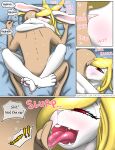  anthro bed blonde_hair comic duo ear_lick embrace english_text female from_front_position furniture hair hug human incest_(lore) lagomorph leg_wrap leporid licking lying male male/female mammal missionary_position neck_lick on_back rabbit red_eyes sex sniffing text tongue tongue_out tosun whiner 