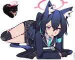  1girl animal_ear_fluff animal_ears black_gloves blazer blue_archive blue_armband blue_hair blue_jacket blue_necktie blue_ribbon cat cat_ears collared_shirt crossed_arms dark_blue_hair earpiece english_text fang gloves grey_skirt hair_ribbon highres id_card jacket long_hair looking_at_viewer lying necktie on_stomach open_mouth photo_inset plaid plaid_skirt red_eyes reference_photo ribbon school_uniform serika_(blue_archive) shirt simple_background skirt solo tsunderemaids twintails twitter_username white_background 