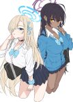  2girls absurdres asuna_(blue_archive) bag black_bag black_choker black_skirt blonde_hair blue_archive blue_bow blue_bowtie blue_cardigan blue_eyes blue_scrunchie bow bowtie cardigan choker closed_mouth collared_shirt cropped_legs dark-skinned_female dark_skin earrings hair_over_one_eye hair_ribbon halo highres jewelry karin_(blue_archive) long_sleeves looking_at_viewer multiple_girls ochiai_miyabi official_alternate_costume parted_lips pleated_skirt ribbon school_bag school_uniform scrunchie shirt shoulder_bag simple_background skirt stud_earrings white_background white_shirt wrist_scrunchie yellow_eyes 