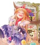  1girl bangs barefoot belt blush bow box chain closed_eyes commentary_request cube drunk fangs flat_chest foot_out_of_frame gourd hair_bow highres horn_bow horn_ornament horns htk_mikan ibuki_suika long_hair nose_blush open_mouth orange_hair orb purple_bow purple_skirt pyramid_(structure) red_bow ribbon-trimmed_skirt ribbon_trim shirt sidelocks sitting skirt sleeveless sleeveless_shirt smile solo touhou translation_request very_long_hair wake white_shirt wrist_cuffs 