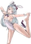  absurdres animal_ears bare_legs breasts character_name dated detached_collar finger_to_mouth goushougun-sensei grey_hair highres kantai_collection long_hair playboy_bunny purple_eyes rabbit_ears rabbit_tail sagiri_(kancolle) shoes shoes_removed small_breasts tail wrist_cuffs 