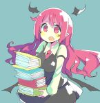 1girl :o baron_(x5qgeh) bat_wings blue_background blush book book_stack breasts detached_wings dress_shirt head_wings holding holding_book koakuma long_hair low_wings medium_breasts necktie open_book open_mouth pointy_ears red_hair shirt simple_background skirt solo touhou vest wings yellow_blush 