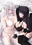  2girls bangs bare_shoulders black_bra black_gloves black_hair black_panties black_thighhighs blush bra breasts cleavage collarbone elbow_gloves feathered_wings garter_belt gloves half_gloves halo highres horns large_breasts long_hair looking_at_viewer multiple_girls navel original panties pink_eyes purple_eyes thighhighs thighs underwear untue white_bra white_gloves white_hair white_panties white_thighhighs wings 