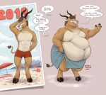  2022 antelope anthro before_and_after belly belly_overhang big_belly bodily_fluids bovid clothed clothing dennis_(fattydragonite) digital_drawing_(artwork) digital_media_(artwork) dragontzin english_text fit_to_fat hi_res male mammal neck_rolls obese obese_anthro obese_male overweight overweight_anthro overweight_male photo pink_background simple_background slice_of_life solo speech_bubble sweat text topless topless_male towel towel_around_waist weight_gain 