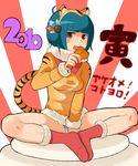  2010 animal_ears between_thighs brown_eyes butterfly_sitting chicken_(food) copyright_request covering eating food fried_chicken green_hair hair_ornament new_year panties rising_sun sitting socks solo striped striped_panties sunburst tail tarayama tiger_ears tiger_tail underwear whiskers 