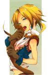  androgynous bad_id bad_pixiv_id blonde_hair blue_eyes bottomless earrings final_fantasy final_fantasy_ix gloves holding jewelry licking long_hair male_focus midriff mochida_(annie) open_mouth otoko_no_ko ponytail sexually_suggestive solo tail zidane_tribal 