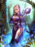  1girl bare_tree blonde_hair blue_eyes braid breasts bridal_gauntlets brooch cleavage copyright_request detached_collar gem holding holding_mace holding_weapon jewelry long_hair medium_breasts outdoors standing thighhighs tree very_long_hair wading water weapon white_legwear xoxocia 