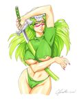  arrancar bleach breasts cameltoe chris_foulkes green_eyes green_hair highres large_breasts long_hair nelliel_tu_odelschwanck scar solo sword torn_clothes underboob weapon 