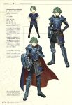  alm_(fire_emblem) armor character_name character_profile character_sheet child fire_emblem fire_emblem_echoes:_mou_hitori_no_eiyuuou full_body gauntlets gloves green_eyes green_hair headband hidari_(left_side) highres male_focus multiple_persona nintendo non-web_source official_art scan shield short_hair smile 