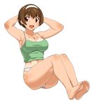  a1 armpits arms_behind_head barefoot breasts brown_hair camisole dorsiflexion exercise feet full_body hairband highres hinako_(issho_ni_training) issho_ni_training large_breasts legs muscle no_pants one-piece_tan open_mouth panties red_eyes short_hair simple_background sit-up sitting smile soles solo tan tanline toes underwear white_background white_panties 
