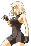  blonde_hair breasts covered_navel fate/hollow_ataraxia fate/stay_night fate_(series) fingerless_gloves fue_(rhomphair) gloves large_breasts latex leysritt lowres sideboob solo unitard 