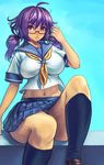  ahoge breasts chikokuma curvy glasses impossible_clothes impossible_shirt large_breasts midriff navel original purple_eyes purple_hair school_uniform serafuku shirt sitting socks solo thick_thighs thighs twintails wide_hips 