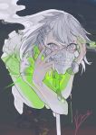  1girl bandage bandaged_feet full_body gas_mask glowing green_neckwear grey_eyes hair_between_eyes hair_ornament hairclip highres k_yushiki mask necktie original petals signature smoke solo teeth white_hair 