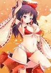  armpits between_breasts bikini black_hair breasts brown_hair detached_sleeves front-tie_top hakurei_reimu ippongui large_breasts lowleg lowleg_bikini red_eyes side-tie_bikini solo swimsuit touhou 