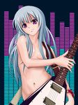  bad_id bad_pixiv_id breasts guitar instrument long_hair medium_breasts navel nude orange_(meitoku) original purple_eyes silver_hair smile solo 