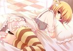  animal_ears ass bed black_panties blush checkered checkered_floor copyright_request multicolored multicolored_clothes multicolored_legwear panties pillow sakura_mikan_(chirizakura) see-through solo striped striped_legwear thighhighs underwear 