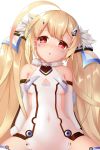  1girl absurdres ahoge azur_lane blonde_hair blush breasts character_name chestnut_mouth commentary_request covered_navel detached_sleeves dress eldridge_(azur_lane) facial_mark fur_trim hair_ornament hairclip head_tilt highres long_hair long_sleeves parted_lips pnt_(ddnu4555) puffy_long_sleeves puffy_sleeves red_eyes sidelocks sitting sleeveless sleeveless_dress small_breasts solo spread_legs twintails very_long_hair white_dress white_sleeves 