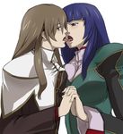  blue_eyes blue_hair blush breast_press breasts brown_hair florence_kirishima gundam holding_hands jack_hamster kiss large_breasts long_hair maria_owens multiple_girls purple_eyes saliva saliva_trail sd_gundam sd_gundam_g-generation tongue uniform yuri 