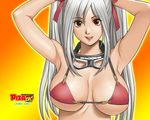  action_pizazz armpits bikini_top breasts cleavage goggles goggles_around_neck huge_breasts long_hair saigadou solo twintails wallpaper white_hair 