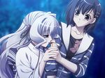  aoi_shiro black_hair blood blue blue_background blue_eyes game_cg grey_eyes injury japanese_clothes licking long_hair multiple_girls nami_(aoi_shiro) osanai_shouko purple_eyes shirt short_hair silver_hair white_hair yasaka_minato yuri 