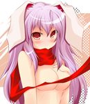  animal_ears bad_id bad_pixiv_id blush breasts bunny_ears censored convenient_censoring jimo long_hair medium_breasts no_nose purple_hair red_scarf reisen_udongein_inaba scarf solo topless touhou 