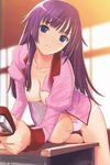  bakemonogatari barefoot blue_eyes breasts feet highres large_breasts long_hair monogatari_(series) nipples open_clothes open_shirt panties puffy_nipples purple_hair school_uniform senjougahara_hitagi shirt solo stapler tanaka_takayuki toes underwear 